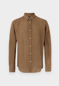 Chemise marron à manches longues avec boutons et col, boutons blancs, faite en tissu léger, présentée sur un fond clair uni.