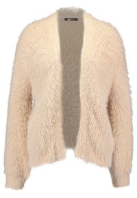 Fuzzy, open-front cardigan in pale cream. Made of soft, textured fabric with long sleeves and a relaxed silhouette. No fastenings.