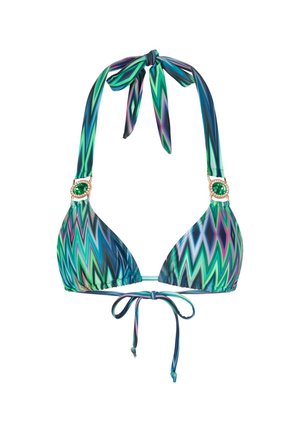 Bikini triangle en motif zigzag multicolore avec des nuances de vert et de bleu ; orné de garnitures dorées et d'un accent émeraude.