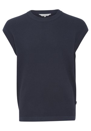 Navy blue textured top with a rounded neckline, cap sleeves, and a relaxed fit. Features a subtle ribbed pattern and a straight hem.