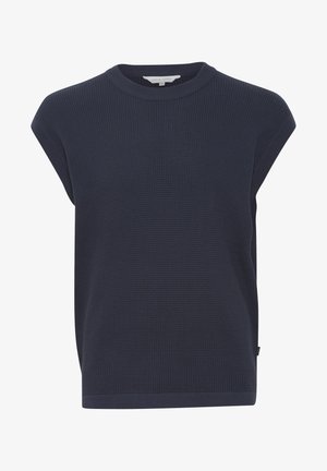 Navy blue textured top with a rounded neckline, cap sleeves, and a relaxed fit. Features a subtle ribbed pattern and a straight hem.