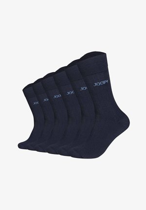 Six pairs of navy blue crew socks with ribbed cuffs and light blue "JOOP!" logo on each cuff, arranged in a slight arc.