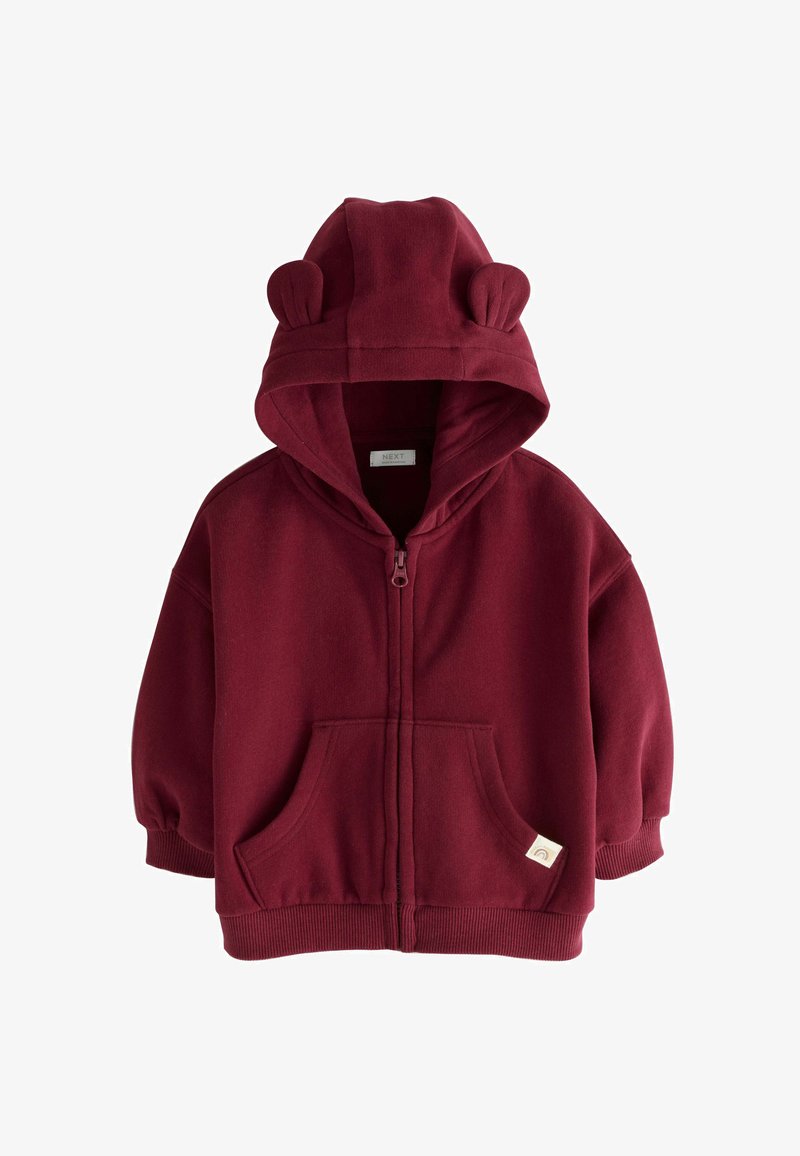 Sweat à capuche bordeaux pour enfants avec fermeture éclair, deux petites oreilles en tissu sur la capuche et une poche avant avec une petite étiquette.