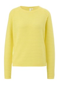 Långärmad gul texturerad stickad tröja med ribbat mönster, rund halsringning och en något avslappnad passform, lämplig för avslappnad användning.