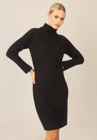 Schwarzes geripptes Strickkleid mit hohem Kragen und langen Ärmeln, figurbetonter Silhouette, weicher Textur und knielangem Design.