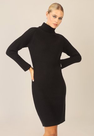Schwarzes geripptes Strickkleid mit hohem Kragen und langen Ärmeln, figurbetonter Silhouette, weicher Textur und knielangem Design.