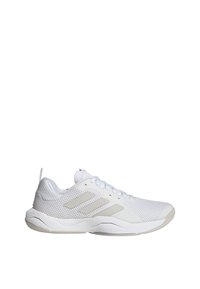 Weißer Sportschuh mit einem Obermaterial aus Mesh, Gummisohle und drei tonalen Streifen. Verfügt über einen gepolsterten Schaft und eine Schnürung.