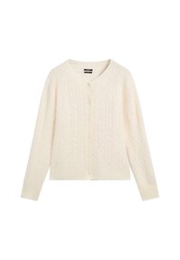 Cardigan couleur crème en maille torsadée avec des boutons sur le devant et des manches longues, fabriqué en tissu doux et texturé.