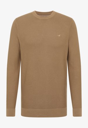 Pulover tricotat de culoare bej, cu guler rotund, mâneci lungi, manșete și tiv ribotat, având un mic logo pe piept.