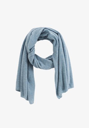 Écharpe bleu clair en tissu doux et texturé ; drapée dans un design en boucle, avec des extrémités lâches qui tombent.