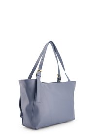 Blaue Leder-Tote mit einer glatten Textur, rechteckiger Form und zwei Schulterträgern mit goldenen Hardware-Akzenten.