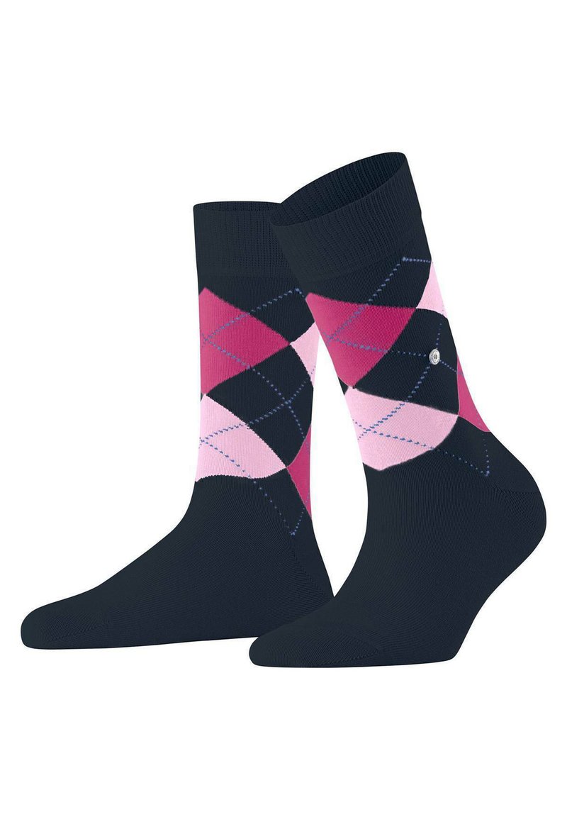 Calzini in misto cotone con base blu navy e motivo argyle multicolore in rosa e nero, punta rinforzata e polsini a coste.