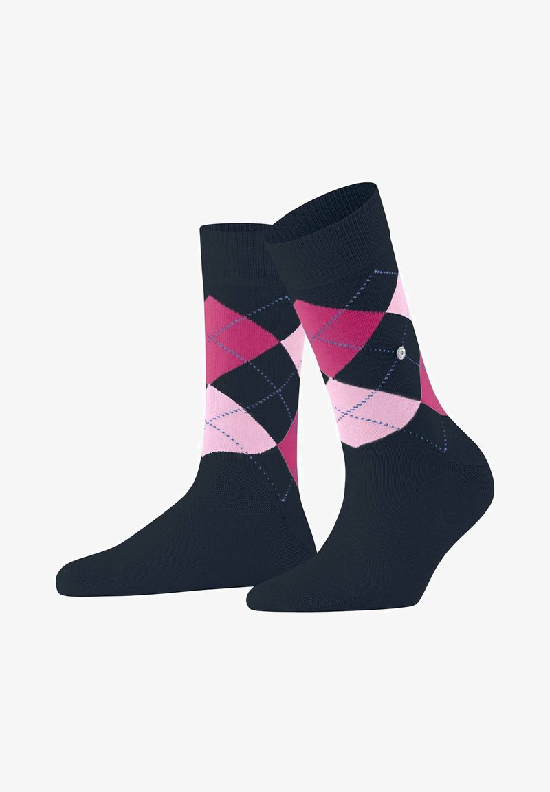 Calzini in misto cotone con base blu navy e motivo argyle multicolore in rosa e nero, punta rinforzata e polsini a coste.
