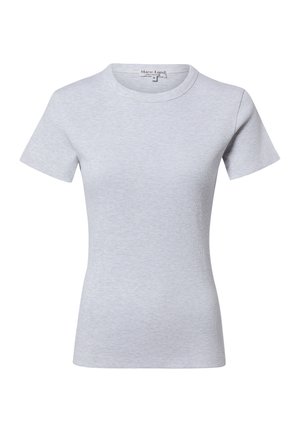 Light gray, short-sleeve, ribbed knit fitted T-shirt with a round neckline and a small brand label inside the collar.