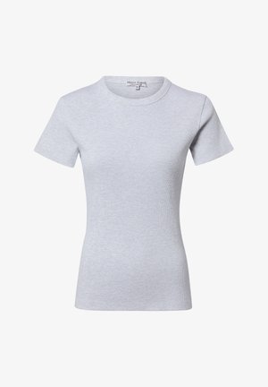 Jasnoszary, dopasowany, krótki rękaw, prążkowany sweterkowy T-shirt z okrągłym dekoltem i małą metką marki wewnątrz kołnierza.