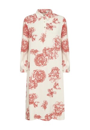 Blomsterkjole med krave, lange ærmer, med en hvid baggrund og store røde blomster mønstre. Knapper ned foran.