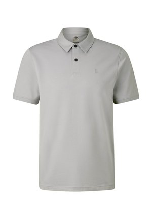Light gray polo shirt made from soft fabric, featuring a three-button placket, short sleeves, and a subtle logo on the chest.