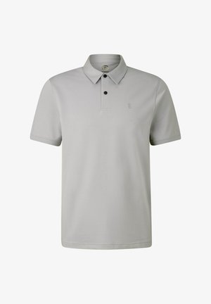 Light gray polo shirt made from soft fabric, featuring a three-button placket, short sleeves, and a subtle logo on the chest.