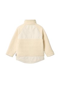 Giacca in pile color crema con tessuto testurizzato, maniche lunghe, colletto alto e pannelli in tessuto liscio su schiena e orlo.
