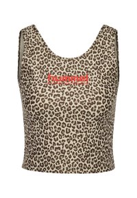 Leopardprint crop top in beige en bruin, met een ronde hals en een rood "hummel" logo. Gemaakt van een glad, stretchy materiaal.