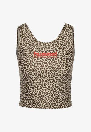 Leopard-print crop top in beige and brown, featuring a round neckline and red "hummel" logo. Made from a smooth, stretchy material.