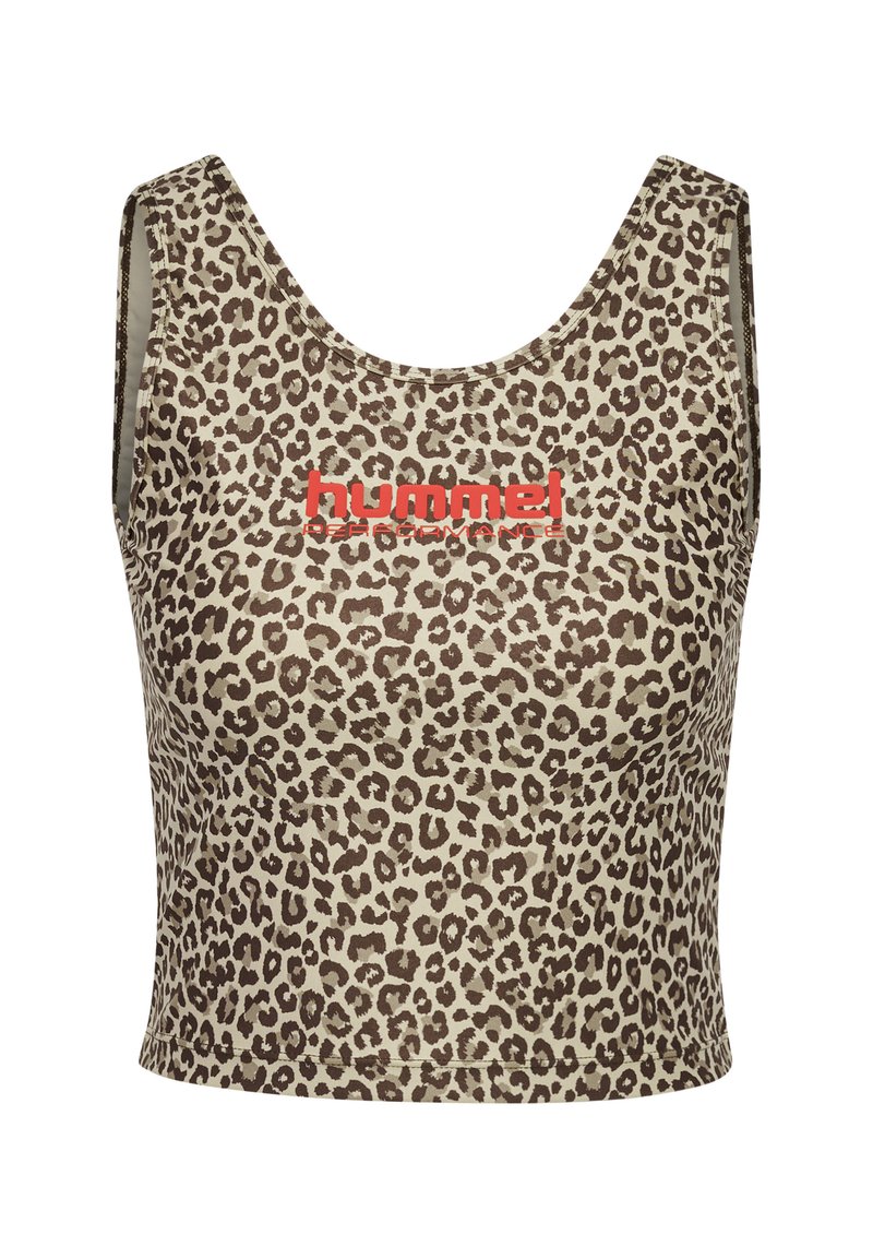 Leopardprint crop top in beige en bruin, met een ronde hals en een rood "hummel" logo. Gemaakt van een glad, stretchy materiaal.
