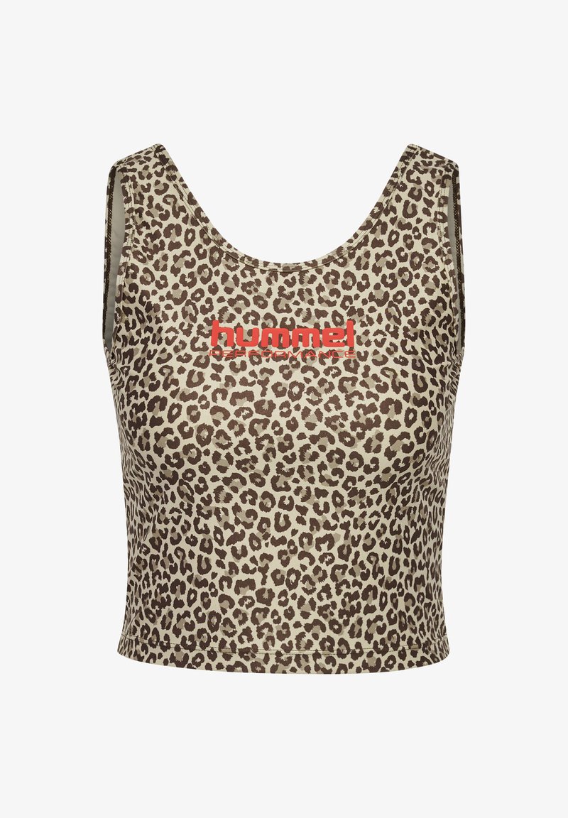 Leopard-print crop top in beige and brown, featuring a round neckline and red "hummel" logo. Made from a smooth, stretchy material.
