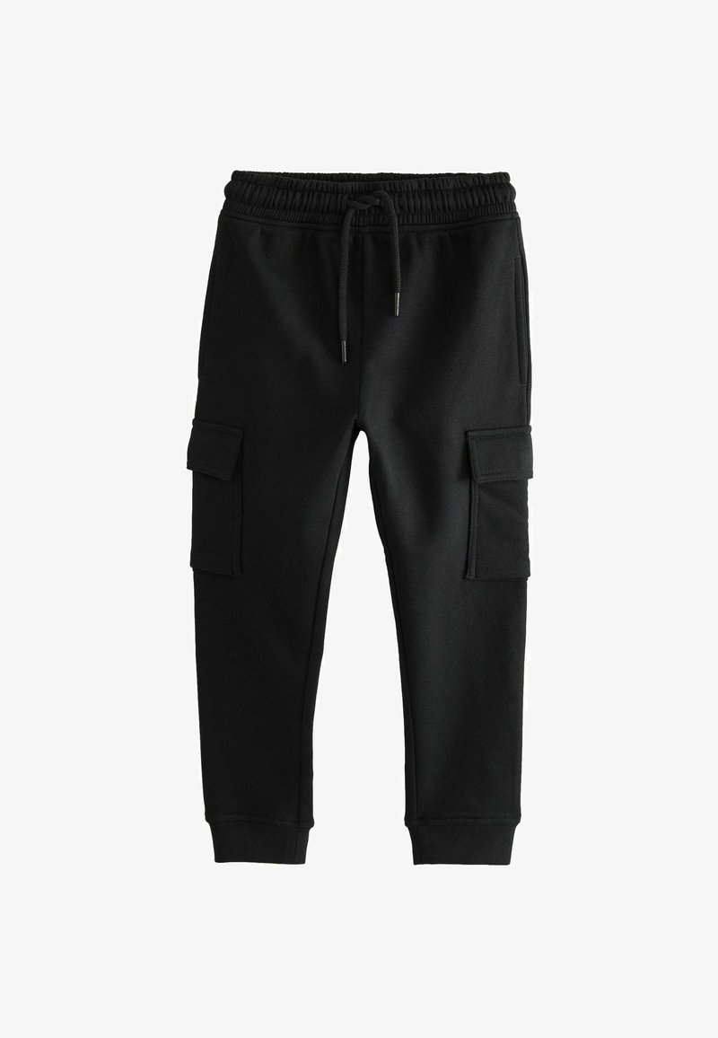 Schwarze Jogginghose mit verstellbarem Bündchen, elastischen Bündchen und zwei seitlichen Cargotaschen. Hergestellt aus weichem, strapazierfähigem Stoff.
