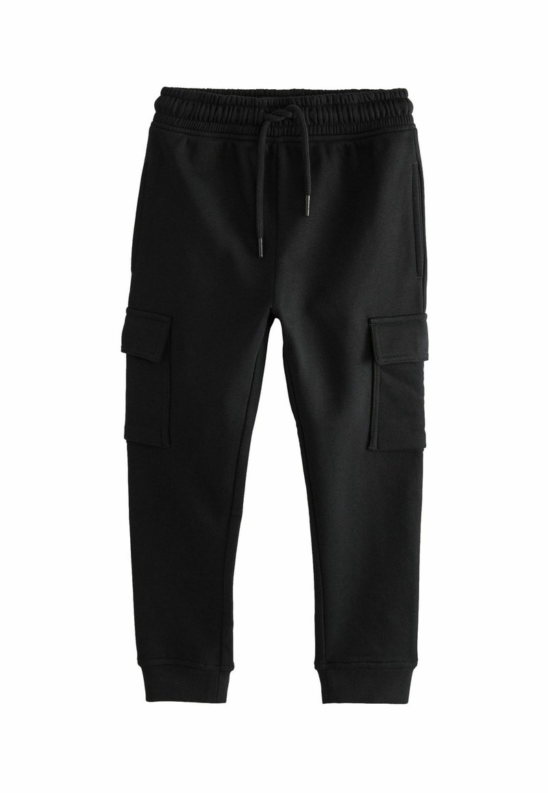 Schwarze Jogginghose mit verstellbarem Bündchen, elastischen Bündchen und zwei seitlichen Cargotaschen. Hergestellt aus weichem, strapazierfähigem Stoff.