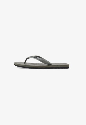Black rubber flip-flop with a textured footbed, thin Y-shaped strap, and a durable sole. The design is minimalist and functional.