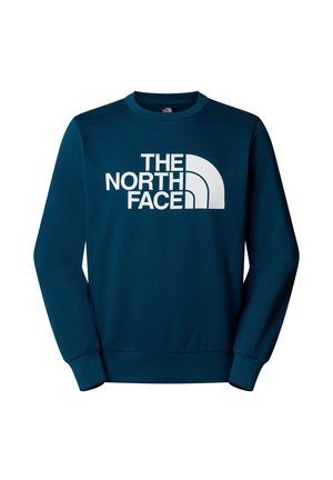 Teal sweatshirt with long sleeves, ribbed cuffs and hem, featuring a large white graphic text "THE NORTH FACE" and a half-circle logo.