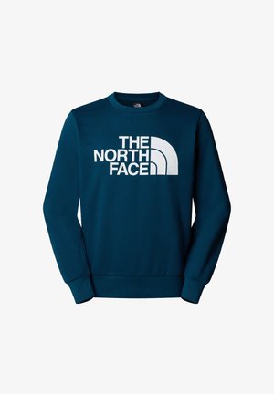 Teal sweatshirt with long sleeves, ribbed cuffs and hem, featuring a large white graphic text "THE NORTH FACE" and a half-circle logo.