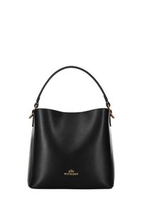 Black leather handbag with a smooth texture, curved design, and a single top handle. Features a gold logo at the front.
