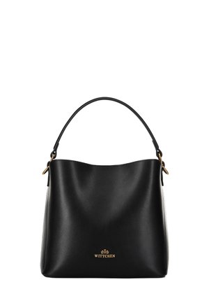 Black leather handbag with a smooth texture, curved design, and a single top handle. Features a gold logo at the front.