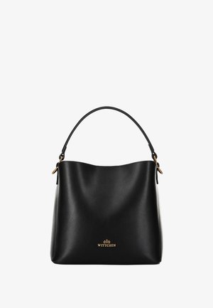 Zwarte leren handtas met een gladde textuur, gebogen ontwerp en een enkele bovenhandgreep. Heeft een gouden logo aan de voorkant.