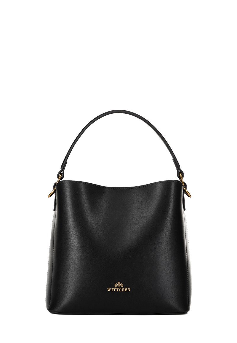 Black leather handbag with a smooth texture, curved design, and a single top handle. Features a gold logo at the front.