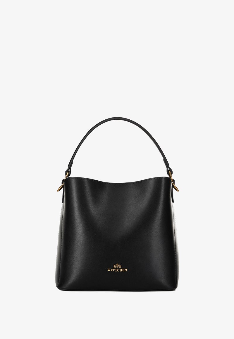 Borsa a tracolla nera in pelle con una superficie liscia, design curvo e un manico superiore singolo. Presenta un logo dorato sul davanti.