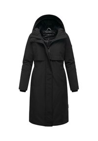 Black, knee-length coat with a hood, featuring a zippered front, two chest pockets, and soft interior lining. Material appears smooth and insulated.