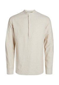 Camicia a maniche lunghe color avorio con colletto alla cinese, caratterizzata da sottili strisce grigio chiaro, chiusura con bottoni e vestibilità rilassata.