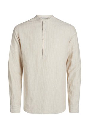 Camicia a maniche lunghe color avorio con colletto alla cinese, caratterizzata da sottili strisce grigio chiaro, chiusura con bottoni e vestibilità rilassata.