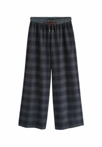 Navyblauwe wijde broek met een grijs ruitpatroon, elastische tailleband en een bruine trekkoord.