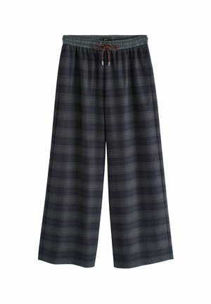 Marineblaue weit geschnittene Hose mit grauem Karomuster, elastischem Bund und braunem Kordelzug.