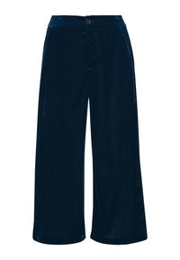 Pantalon large bleu foncé avec fermeture par bouton et zip, poches avant, taille haute, présenté sur fond blanc.