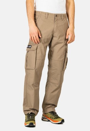 Beige cargo pants with multiple pockets, made of lightweight fabric. Features a button and zipper closure, and reinforced stitching.