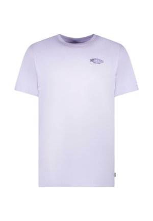 Licht lavendel katoenen T-shirt met korte mouwen, een ronde hals en een kleine paarse grafische opdruk op het linkerborstgebied.