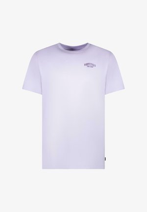 Licht lavendel katoenen T-shirt met korte mouwen, een ronde hals en een kleine paarse grafische opdruk op het linkerborstgebied.