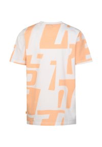 T-shirt en coton blanc avec de grands motifs abstraits orange. Manches courtes, col rond, et un petit logo sur l'ourlet latéral.