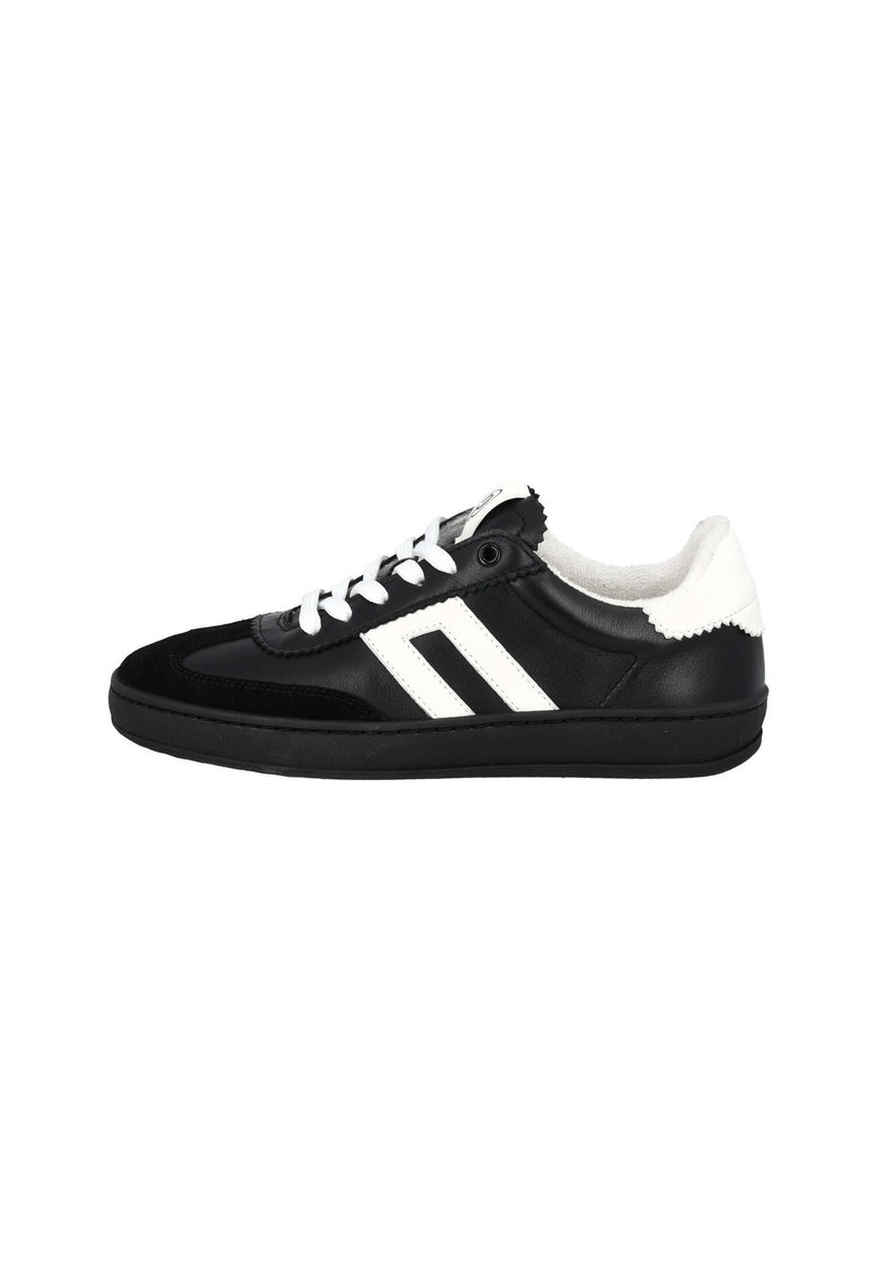 Black sneaker with white accents, suede and leather materials, round toe, flat rubber sole, and dual diagonal stripes on the side.