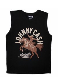 Black sleeveless t-shirt featuring a brown graphic of a cowboy on a rearing horse with "JOHNNY CASH" and "Nashville TENNESSEE" text.