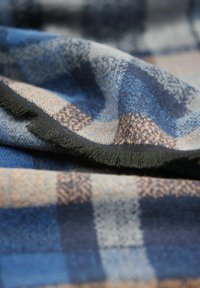 Gewebter Stoff mit kariertem Muster in Blau und Beige, einer weichen Textur und einem schwarzen Fransenrand. Insgesamt hat er ein gemütliches Aussehen.